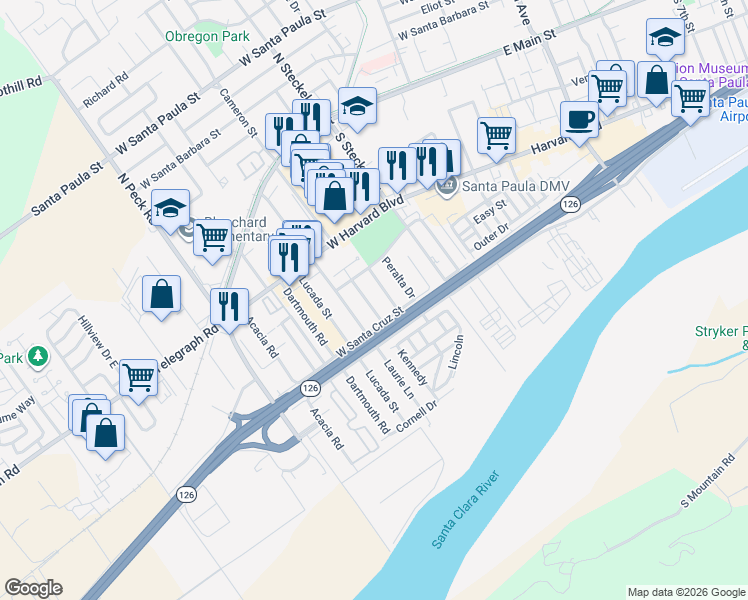 map of restaurants, bars, coffee shops, grocery stores, and more near 351 Princeton Street in Santa Paula