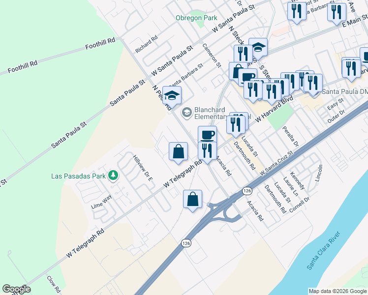 map of restaurants, bars, coffee shops, grocery stores, and more near 136 Sheppard Road in Santa Paula