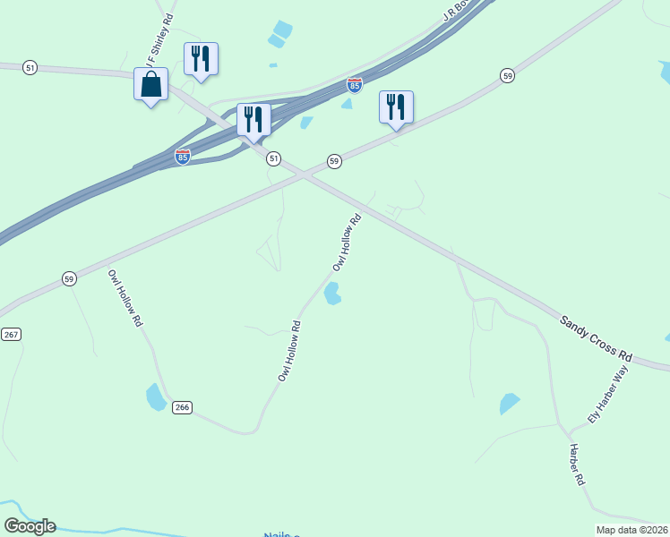 map of restaurants, bars, coffee shops, grocery stores, and more near Owl Hollow Road in Carnesville