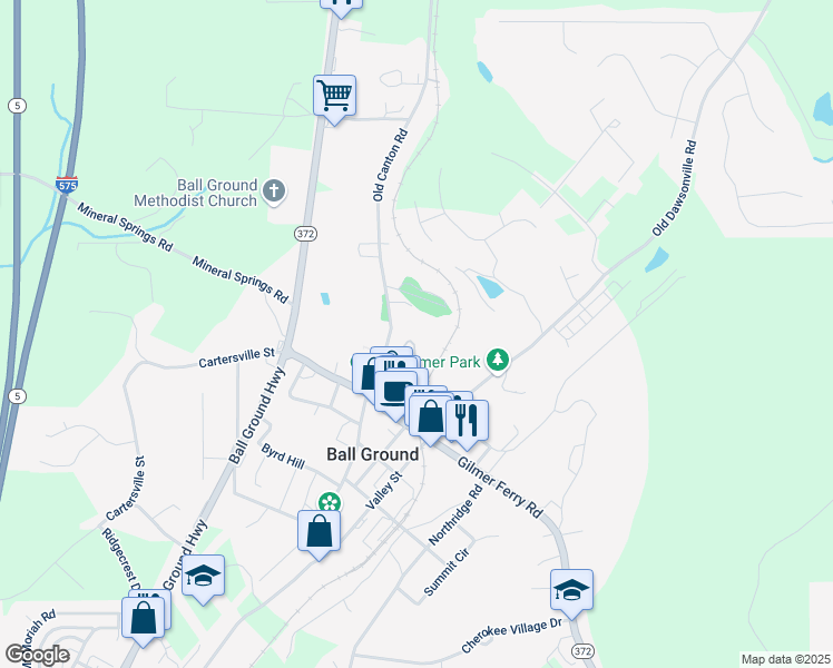 map of restaurants, bars, coffee shops, grocery stores, and more near 480 Old Canton Road in Ball Ground