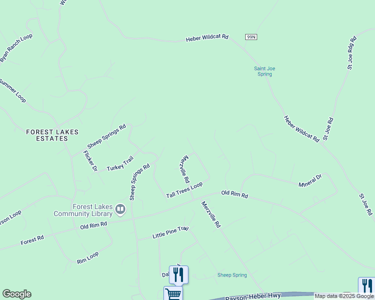 map of restaurants, bars, coffee shops, grocery stores, and more near 1840 Merzville Road in Forest Lakes