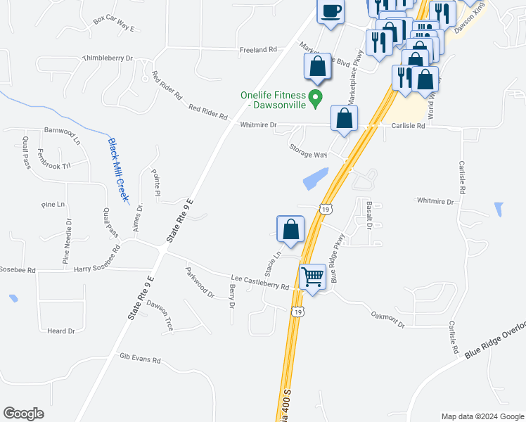 map of restaurants, bars, coffee shops, grocery stores, and more near 174 Stacie Lane in Dawsonville