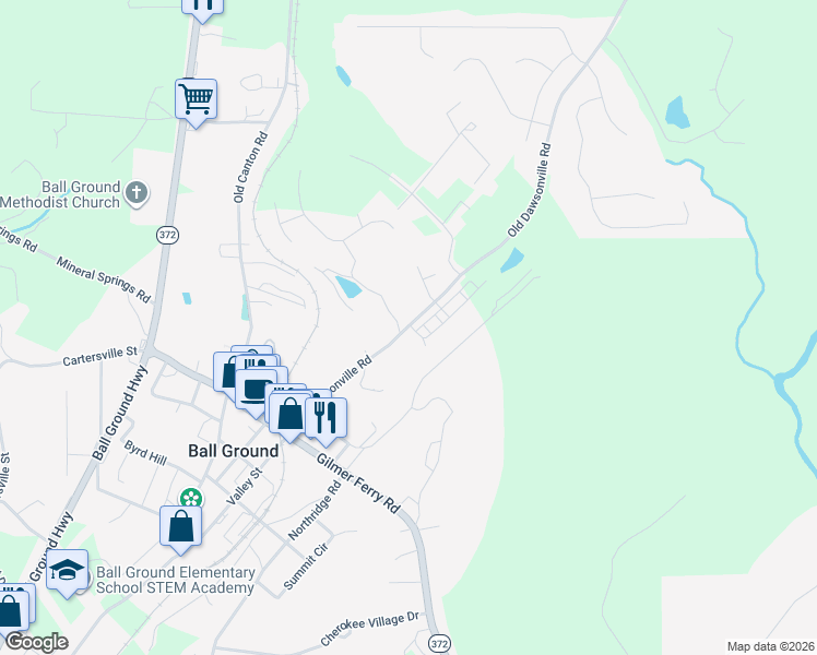 map of restaurants, bars, coffee shops, grocery stores, and more near 300 Old Dawsonville Road in Ball Ground