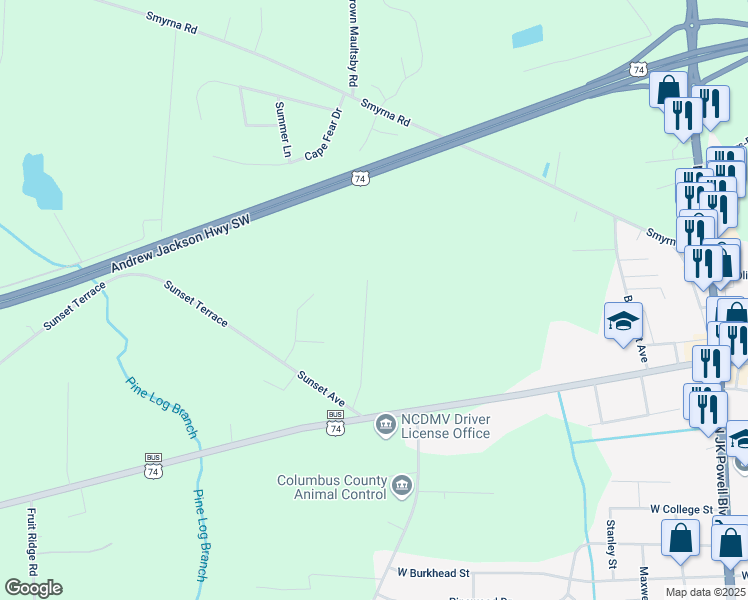 map of restaurants, bars, coffee shops, grocery stores, and more near 1012 Spruce Street in Whiteville