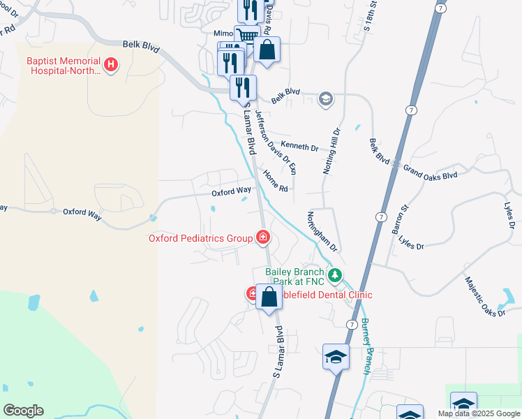 map of restaurants, bars, coffee shops, grocery stores, and more near 2641 South Lamar Boulevard in Oxford