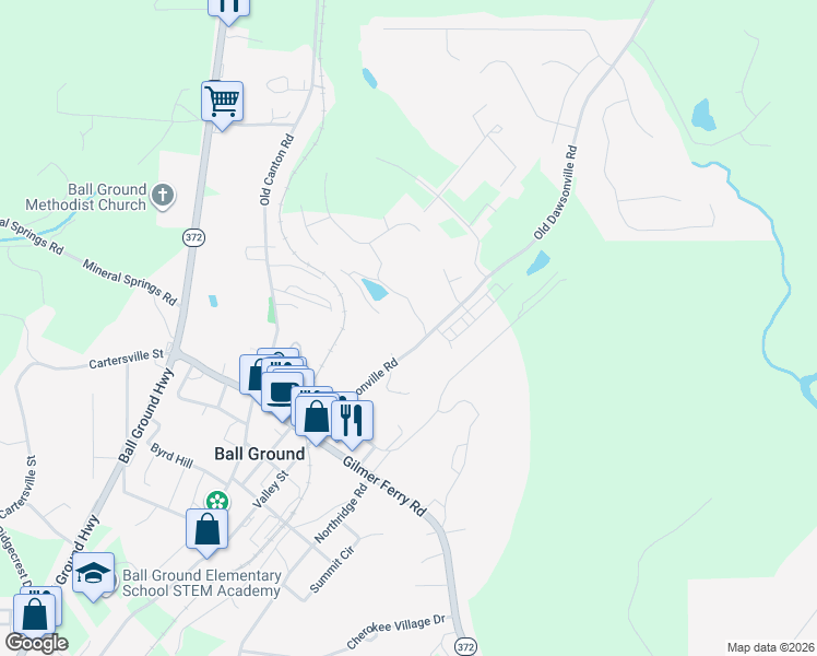 map of restaurants, bars, coffee shops, grocery stores, and more near 275 Old Dawsonville Road in Ball Ground