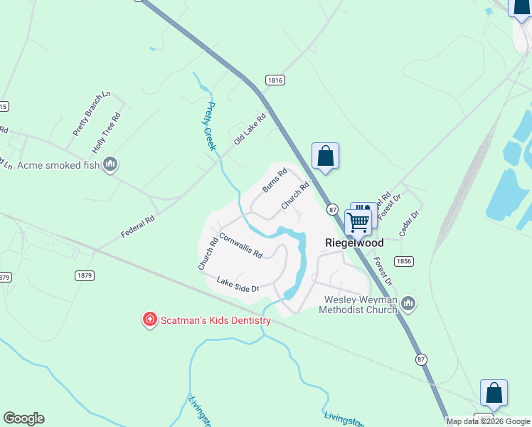 map of restaurants, bars, coffee shops, grocery stores, and more near 117 Church Road in Riegelwood