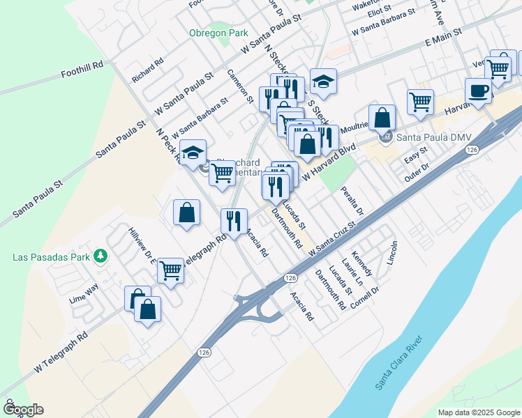 map of restaurants, bars, coffee shops, grocery stores, and more near 730 West Harvard Boulevard in Santa Paula