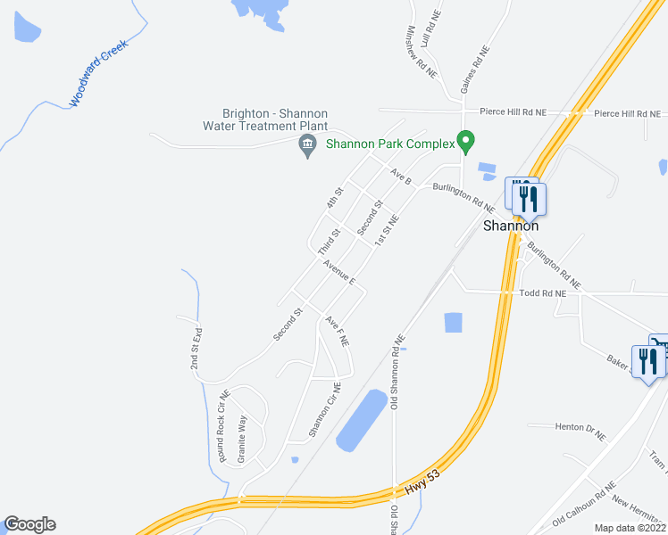 map of restaurants, bars, coffee shops, grocery stores, and more near Avenue East in Shannon