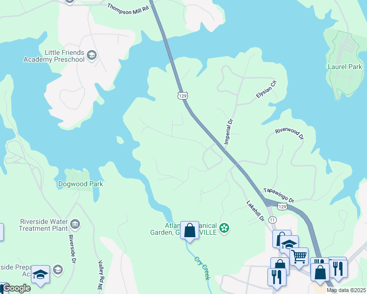 map of restaurants, bars, coffee shops, grocery stores, and more near 2169 Skyline Drive in Gainesville
