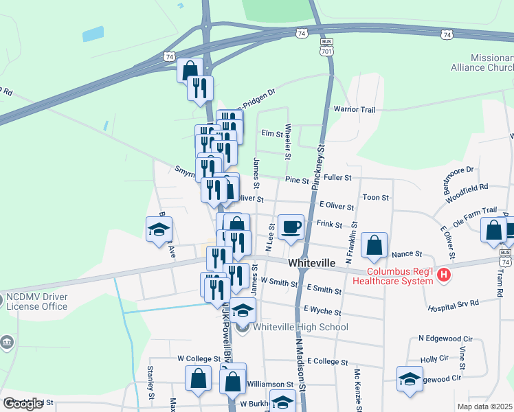 map of restaurants, bars, coffee shops, grocery stores, and more near James Street in Whiteville