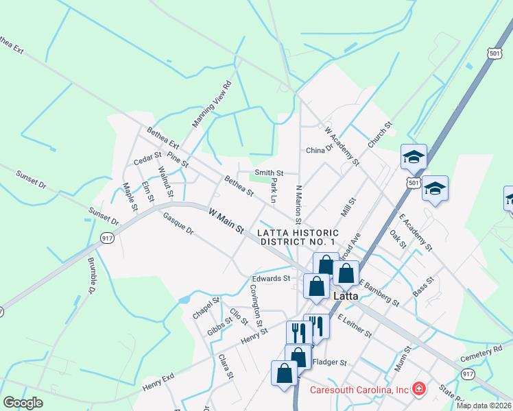 map of restaurants, bars, coffee shops, grocery stores, and more near 214 Bethea Street in Latta