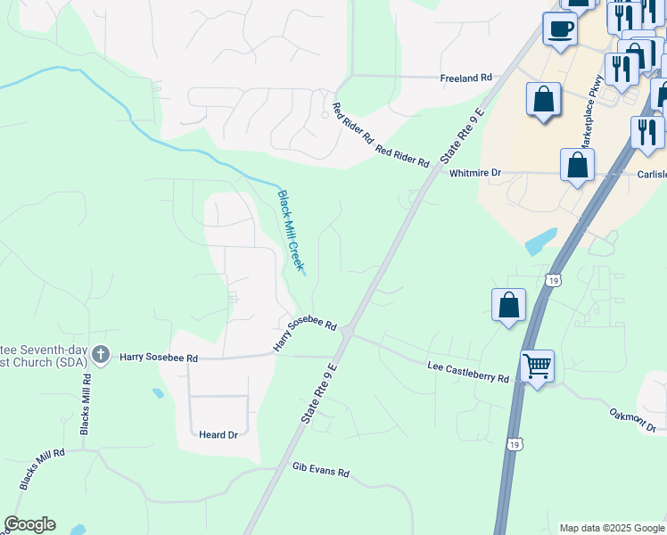map of restaurants, bars, coffee shops, grocery stores, and more near 126 Pointe Place in Dawsonville