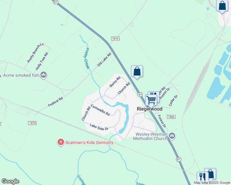 map of restaurants, bars, coffee shops, grocery stores, and more near 110 Church Road in Riegelwood