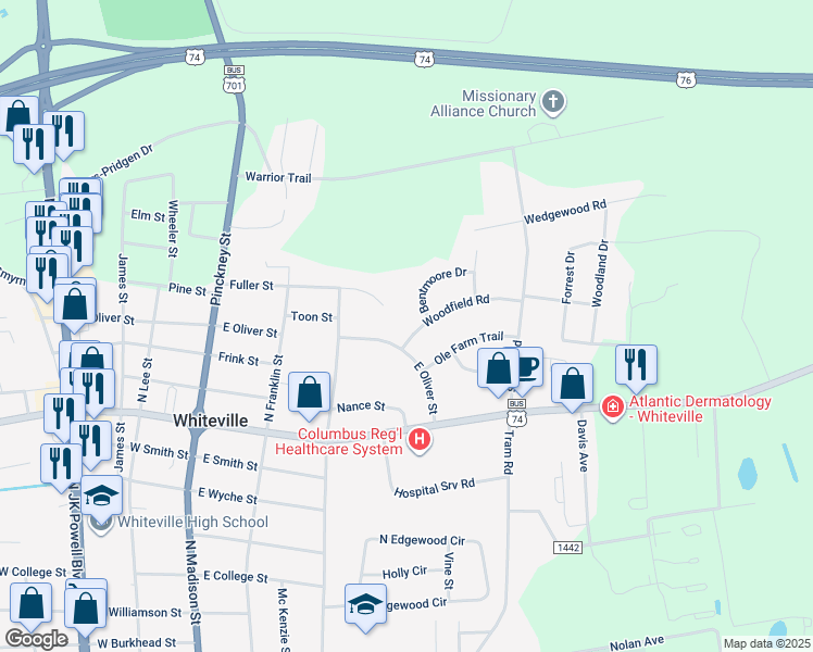 map of restaurants, bars, coffee shops, grocery stores, and more near 507 Woodfield Road in Whiteville