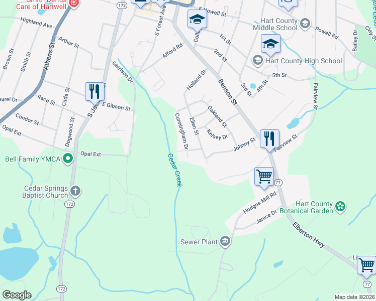 map of restaurants, bars, coffee shops, grocery stores, and more near 140 Cunningham Drive in Hartwell