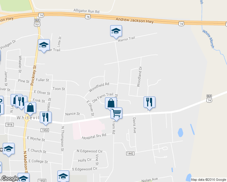 map of restaurants, bars, coffee shops, grocery stores, and more near 543 Ole Farm Trail in Whiteville