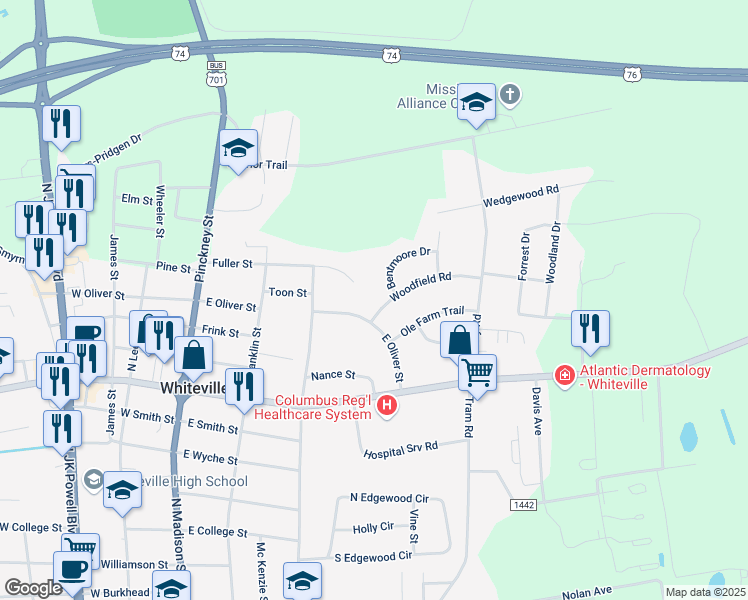 map of restaurants, bars, coffee shops, grocery stores, and more near 507 Woodfield Road in Whiteville