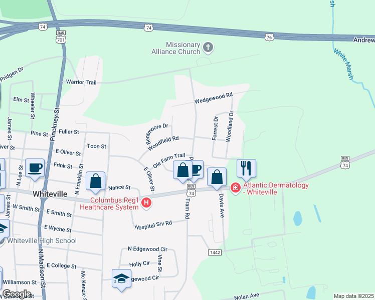 map of restaurants, bars, coffee shops, grocery stores, and more near 543 Ole Farm Trail in Whiteville