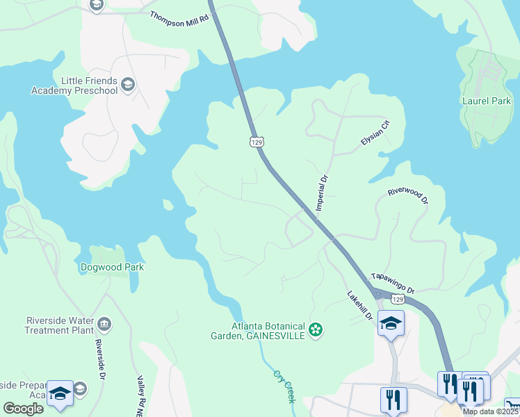 map of restaurants, bars, coffee shops, grocery stores, and more near 2169 Skyline Drive in Gainesville