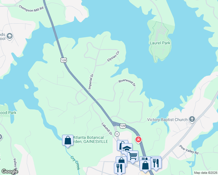 map of restaurants, bars, coffee shops, grocery stores, and more near 2088 Riverwood Drive in Gainesville