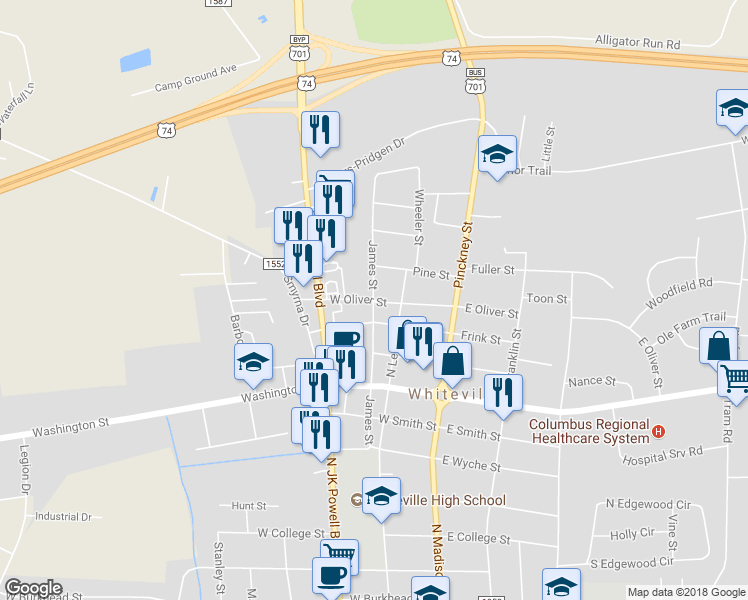 map of restaurants, bars, coffee shops, grocery stores, and more near 206 West Oliver Street in Whiteville