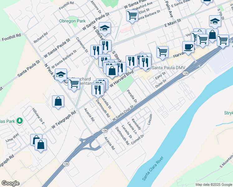 map of restaurants, bars, coffee shops, grocery stores, and more near 325 Princeton Street in Santa Paula