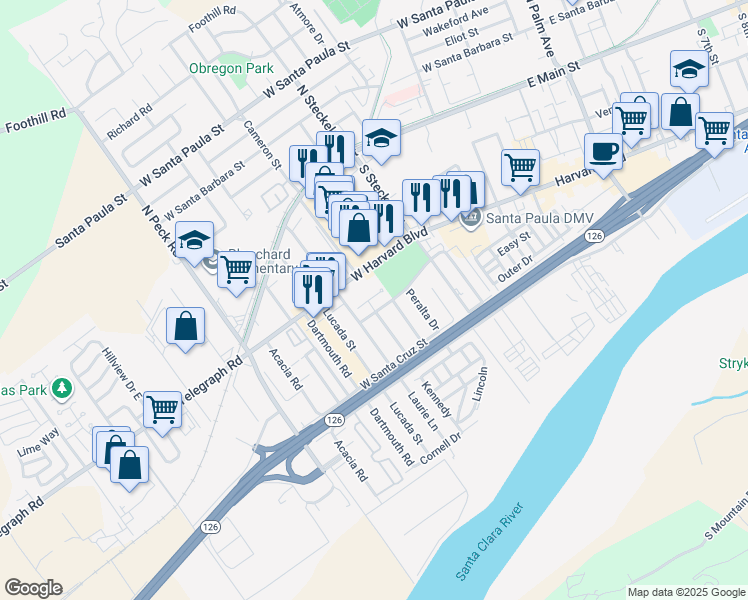 map of restaurants, bars, coffee shops, grocery stores, and more near 325 Princeton Street in Santa Paula