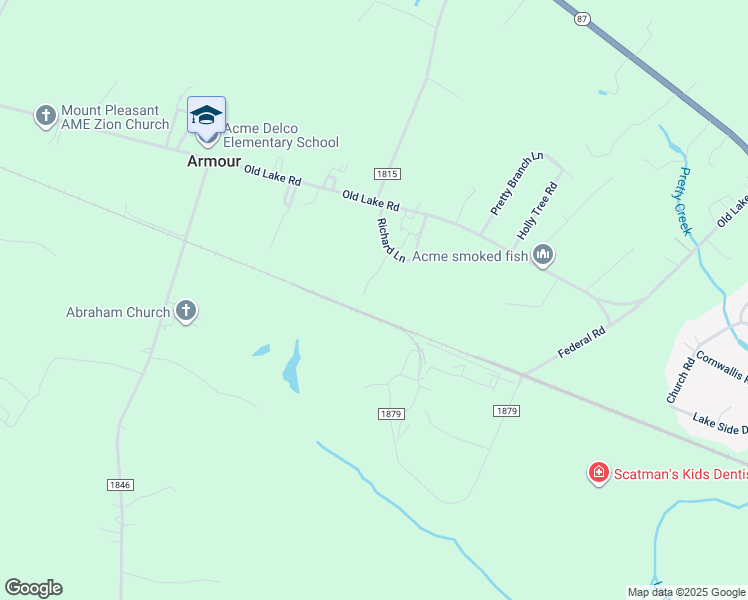 map of restaurants, bars, coffee shops, grocery stores, and more near 215 Richard Lane in Riegelwood