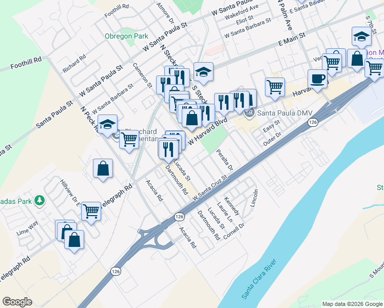 map of restaurants, bars, coffee shops, grocery stores, and more near 615 Casabella Court in Santa Paula
