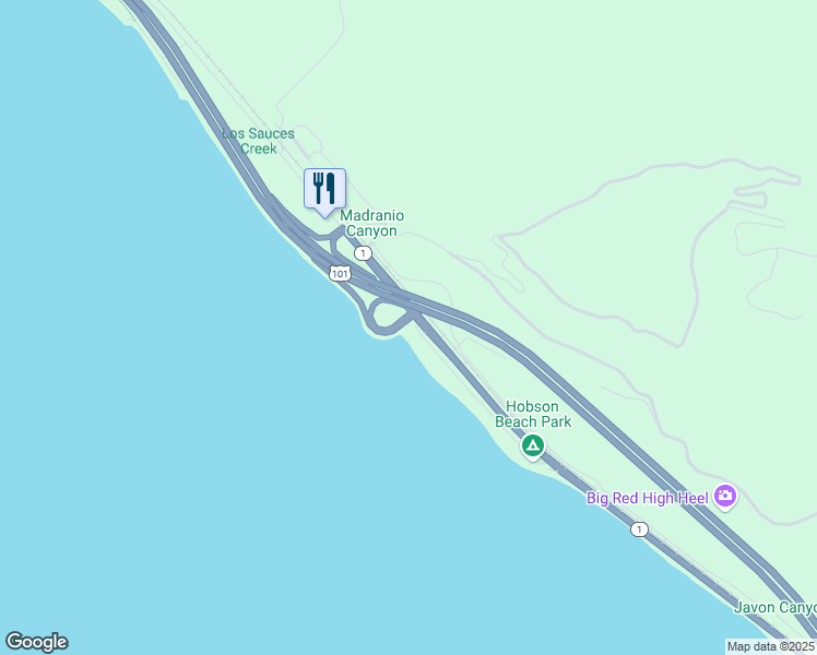 map of restaurants, bars, coffee shops, grocery stores, and more near 5518 Rincon Beach Park Drive in Ventura