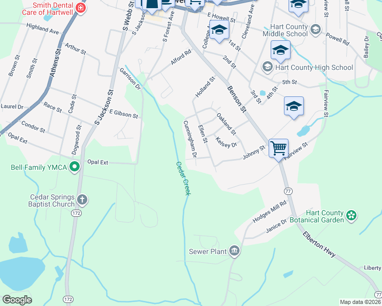 map of restaurants, bars, coffee shops, grocery stores, and more near 140 Cunningham Drive in Hartwell
