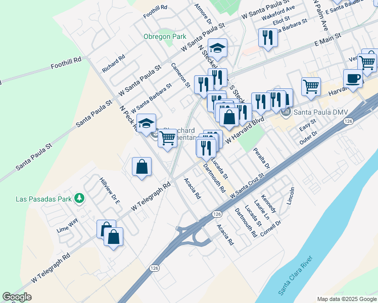map of restaurants, bars, coffee shops, grocery stores, and more near 233 Elm Street in Santa Paula