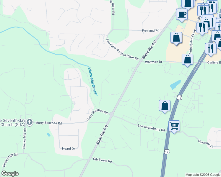 map of restaurants, bars, coffee shops, grocery stores, and more near 232 Aimes Dr in Dawsonville