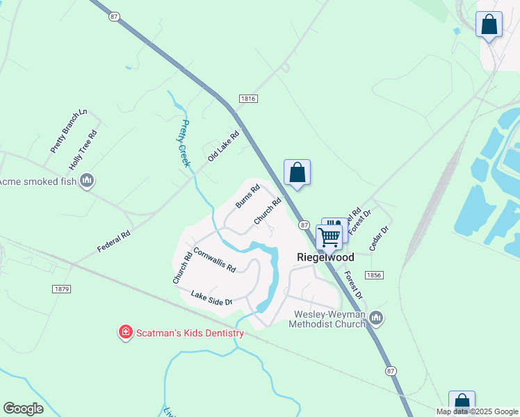 map of restaurants, bars, coffee shops, grocery stores, and more near 104 Church Road in Riegelwood