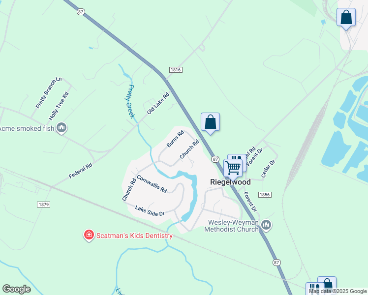map of restaurants, bars, coffee shops, grocery stores, and more near 104 Church Road in Riegelwood