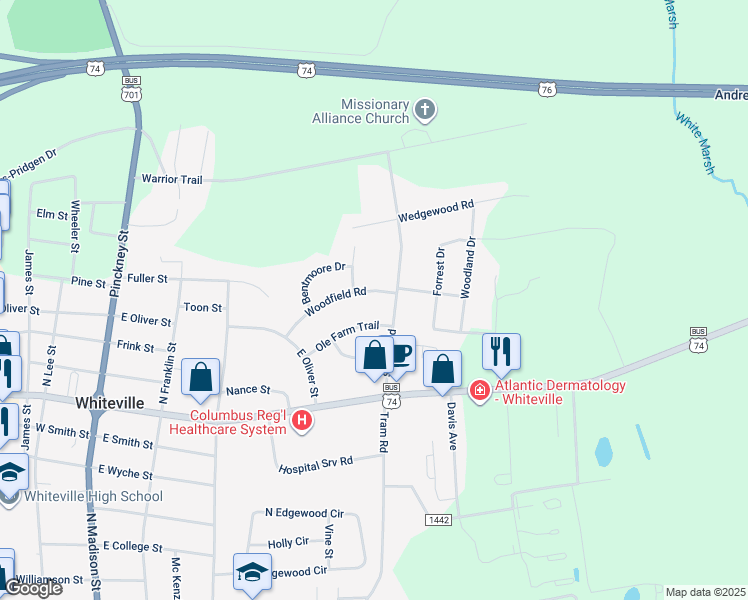 map of restaurants, bars, coffee shops, grocery stores, and more near 552 Woodfield Road in Whiteville