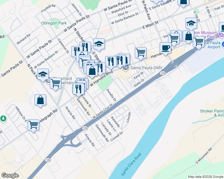 map of restaurants, bars, coffee shops, grocery stores, and more near 344 Tirre Court in Santa Paula
