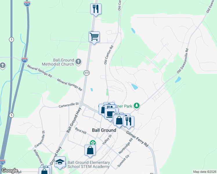 map of restaurants, bars, coffee shops, grocery stores, and more near 505 Old Canton Road in Ball Ground