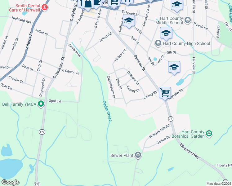 map of restaurants, bars, coffee shops, grocery stores, and more near 140 Cunningham Drive in Hartwell