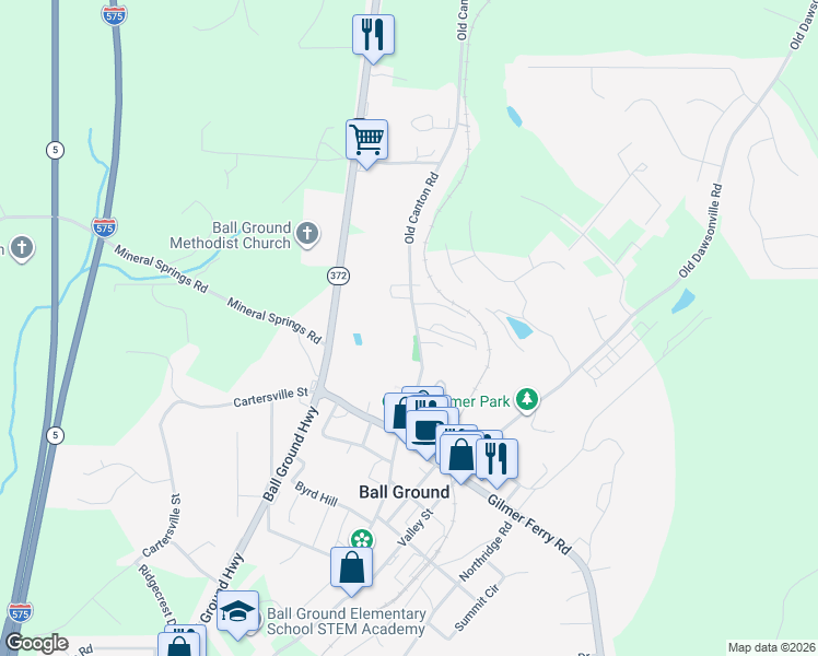map of restaurants, bars, coffee shops, grocery stores, and more near 505 Old Canton Road in Ball Ground