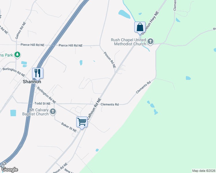 map of restaurants, bars, coffee shops, grocery stores, and more near 4806 Calhoun Road Northeast in Rome