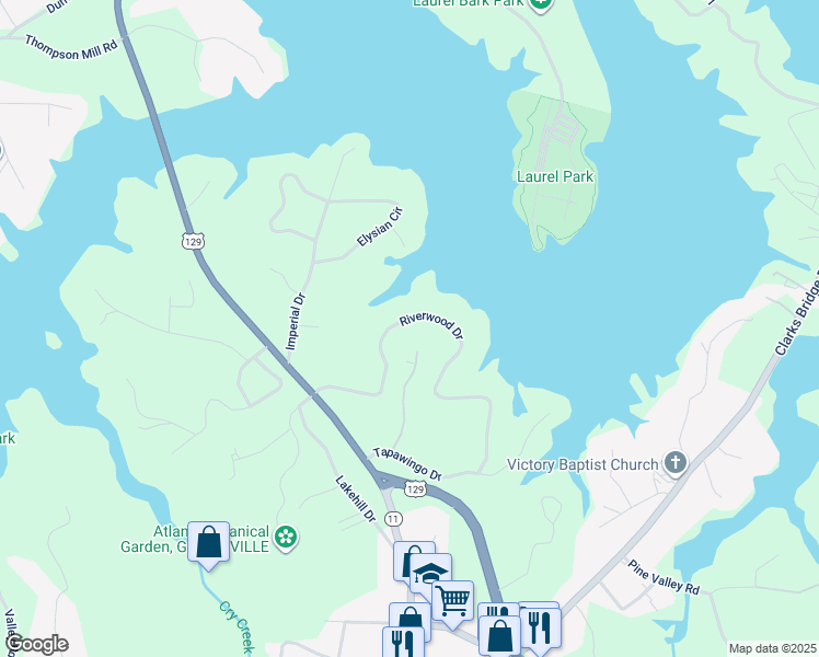 map of restaurants, bars, coffee shops, grocery stores, and more near 2069 Riverwood Drive in Gainesville
