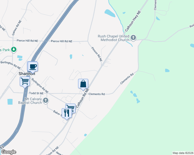 map of restaurants, bars, coffee shops, grocery stores, and more near 4806 Calhoun Road Northeast in Rome
