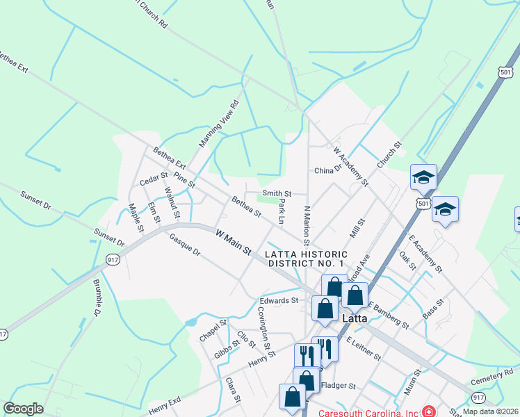 map of restaurants, bars, coffee shops, grocery stores, and more near 214 Bethea Street in Latta