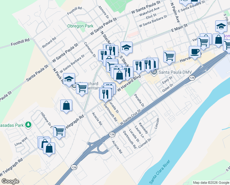 map of restaurants, bars, coffee shops, grocery stores, and more near 615 Casabella Court in Santa Paula