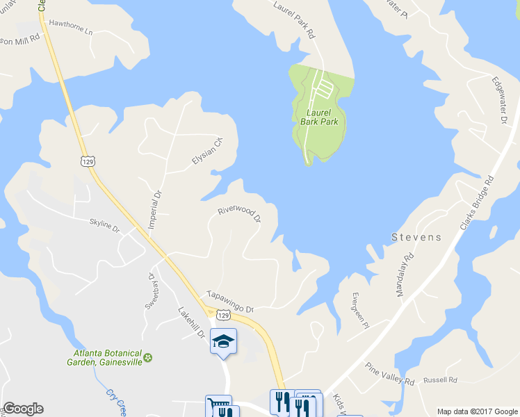 map of restaurants, bars, coffee shops, grocery stores, and more near 2052 Riverwood Drive in Gainesville