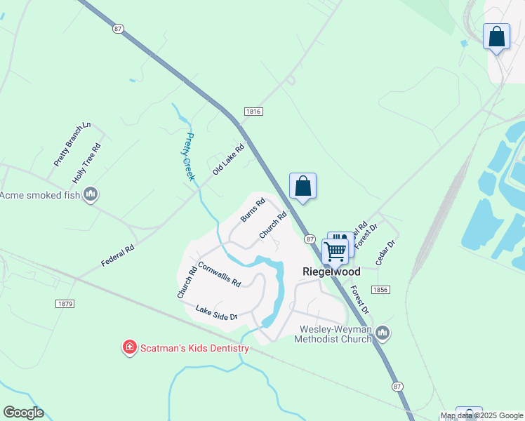 map of restaurants, bars, coffee shops, grocery stores, and more near 103 Burns Road in Riegelwood