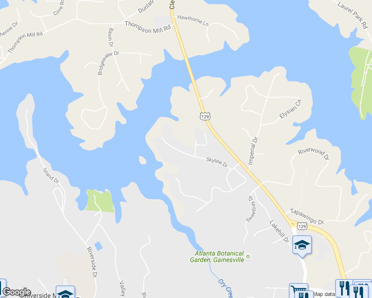 map of restaurants, bars, coffee shops, grocery stores, and more near 2248 Skyline Drive in Gainesville