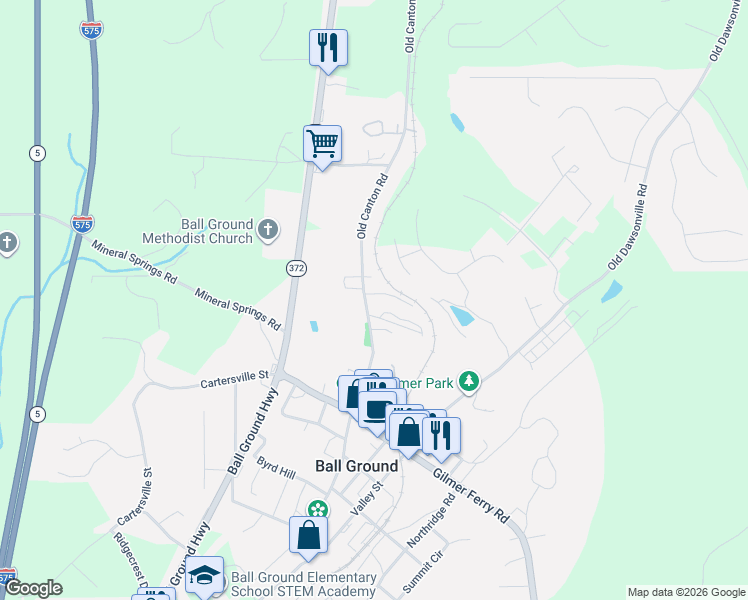 map of restaurants, bars, coffee shops, grocery stores, and more near 508 Old Canton Road in Ball Ground